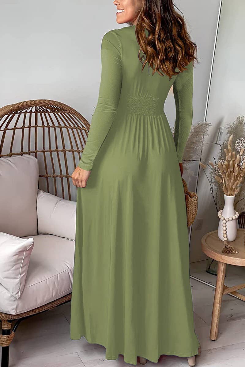 CWDMD5880_DEEP V RUCHED LONG SLEEVE SPLIT MAXI DRESS