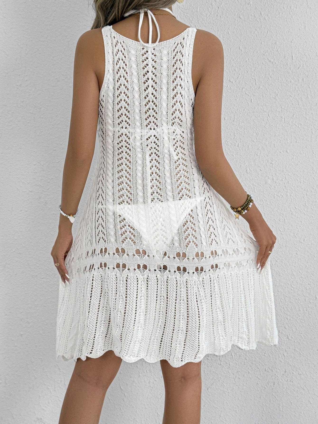 Hollowed-out woven halter top dress large swing