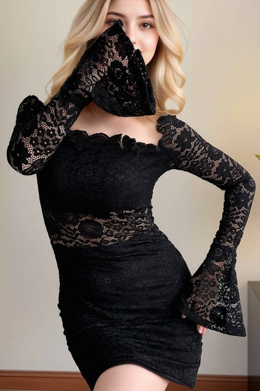 CWDMD954_SEXY LACE ONE-SHOULDER BLACK SLIM-FIT PURE DRESS