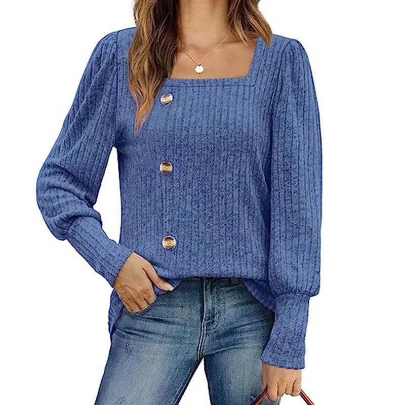 SQUARE BUTTON-DOWN COLLAR AND PUFFED SLEEVES TOP