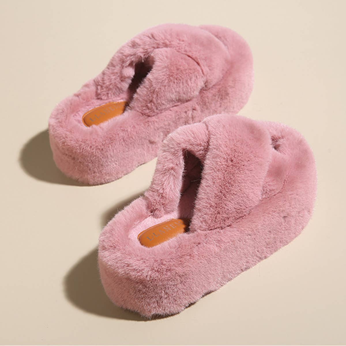THICK SOLE CROSS STRAP FLUFFY BEDROOM SLIPPERS