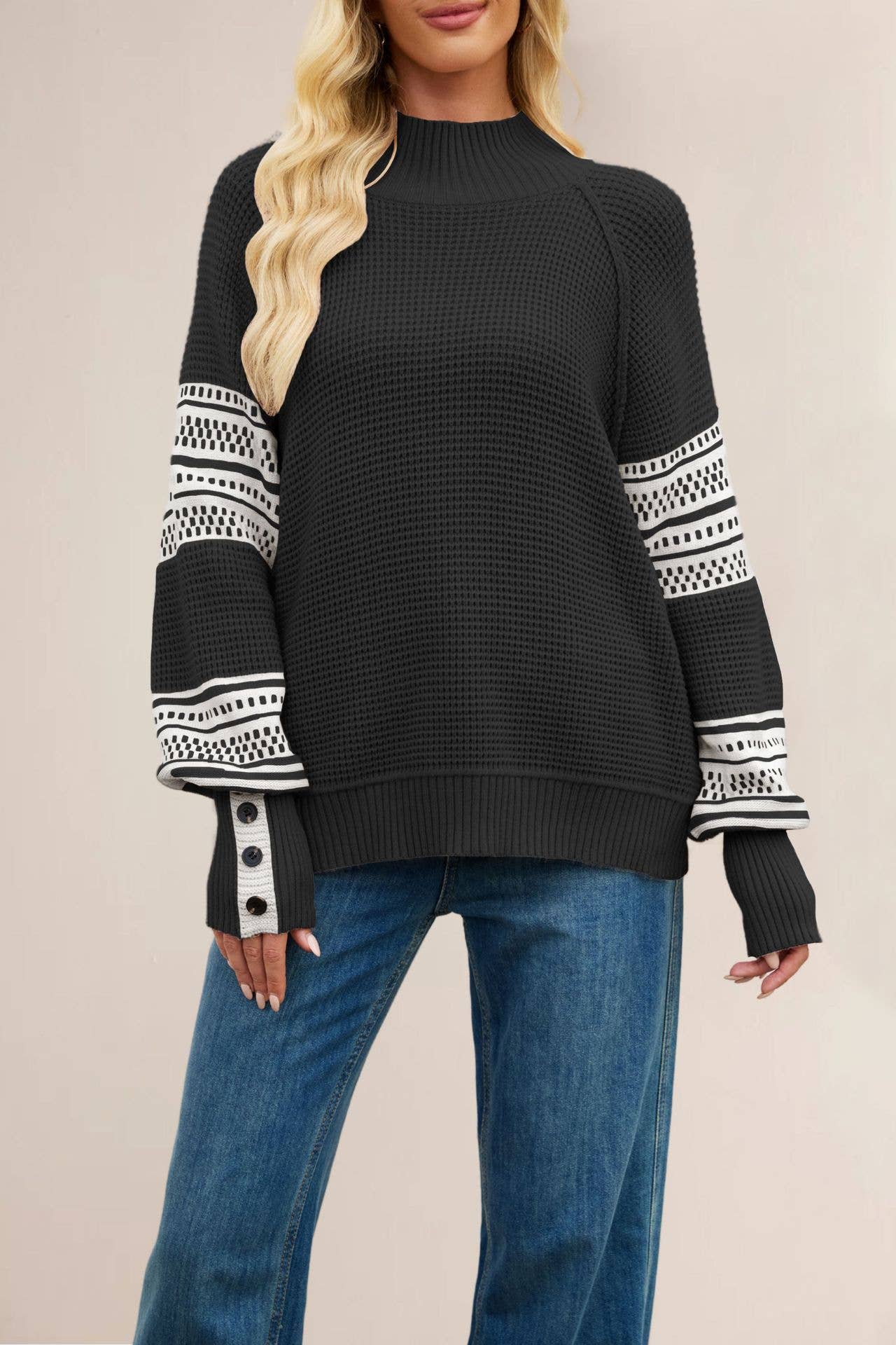 Knitted color-blocked semi-high-neck sweater