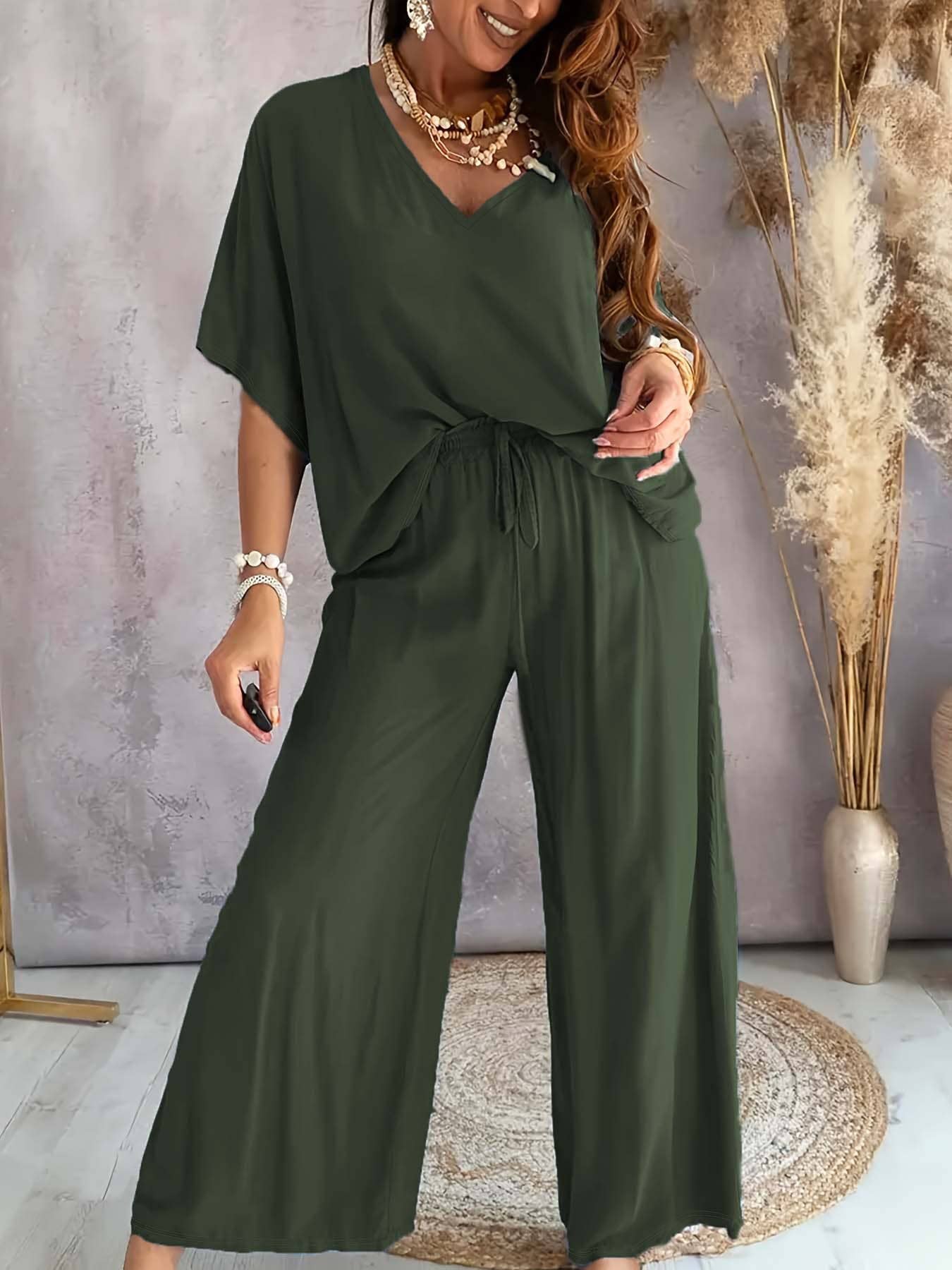V-neck bat-sleeve loose wide-leg pants set