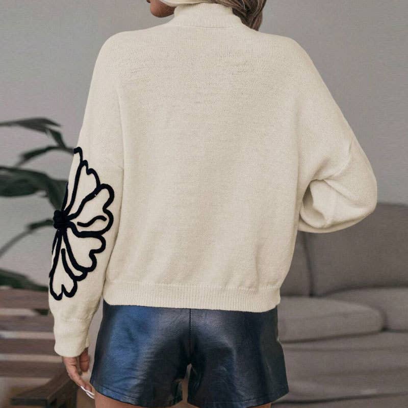 Three-dimensional flower high-neck sweater