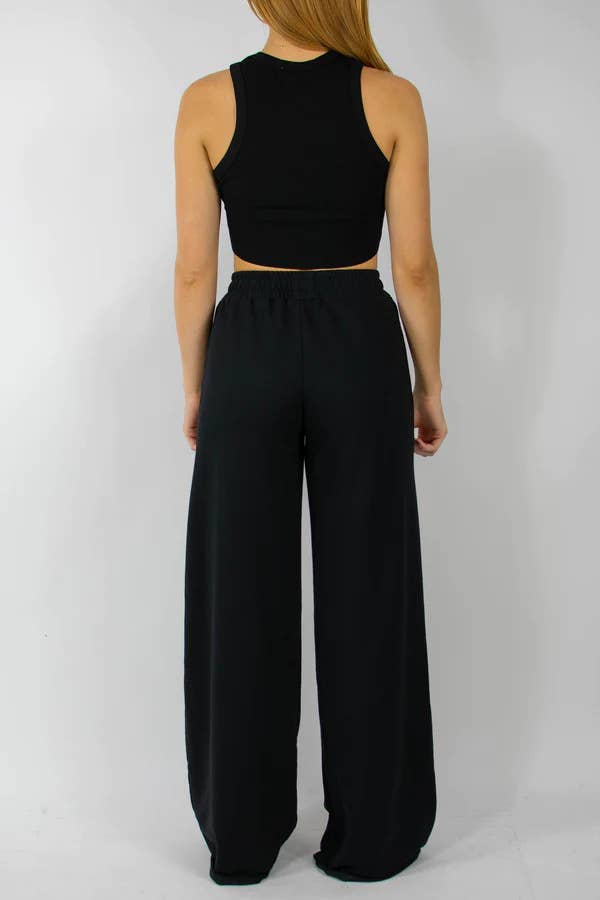 Simple stretched-waist straight-leg casual pants