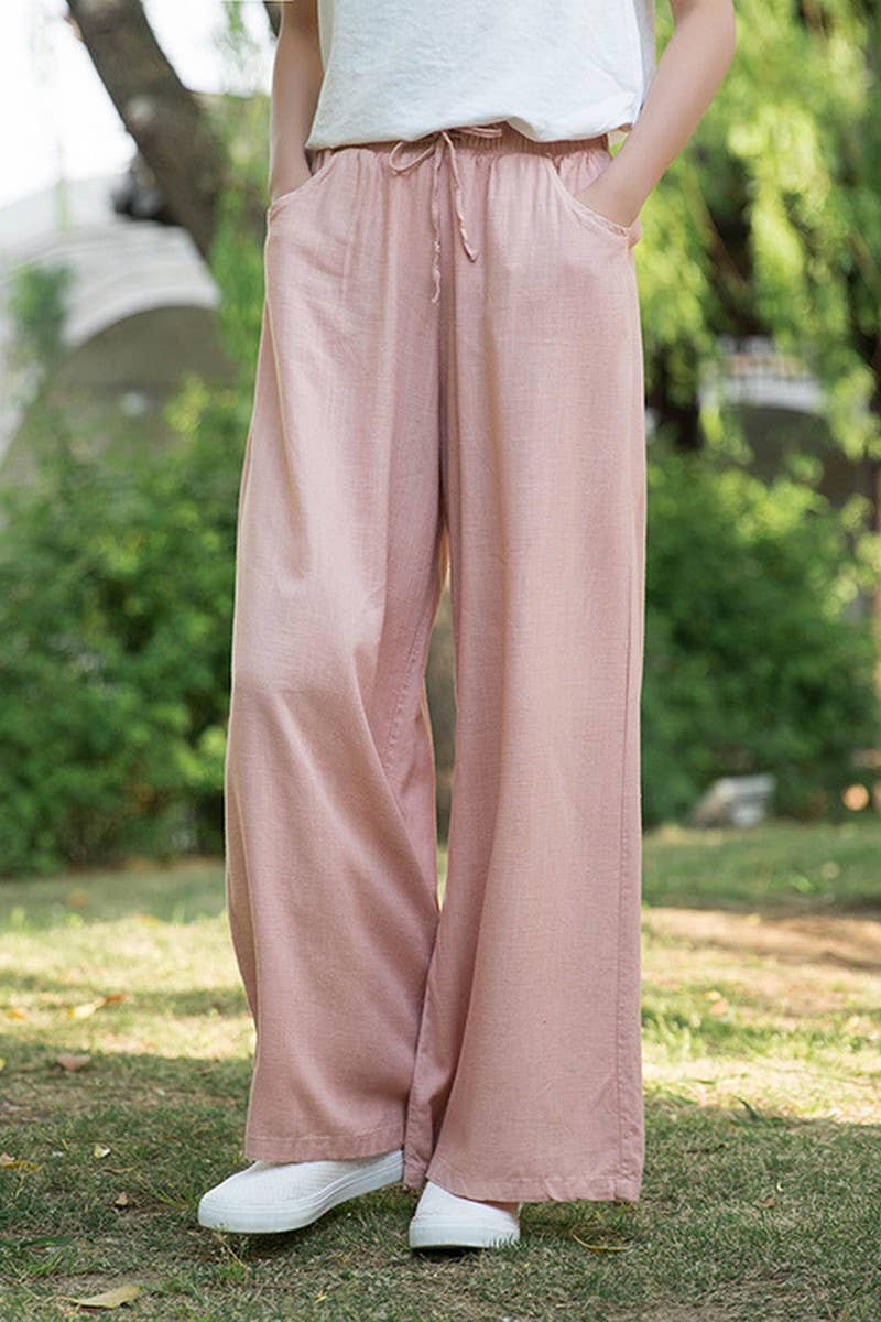 CWBLP1376_COTTON AND LINEN DRAWSTRING WIDE LEG PANTS