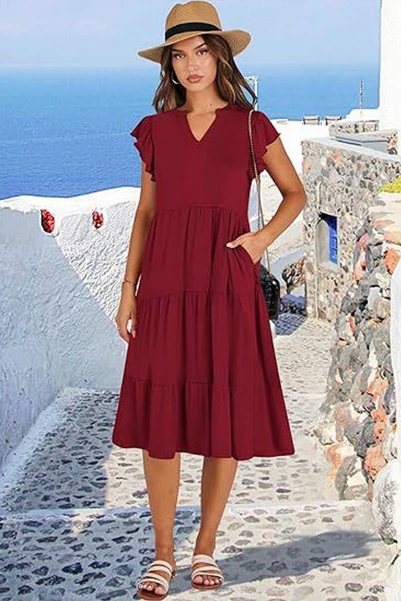 CWDMD6340_V-NECK RUFFLE SLEEVES WIDE POCKET DRESS
