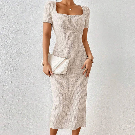 Slit wrap hip square collar knitted dress