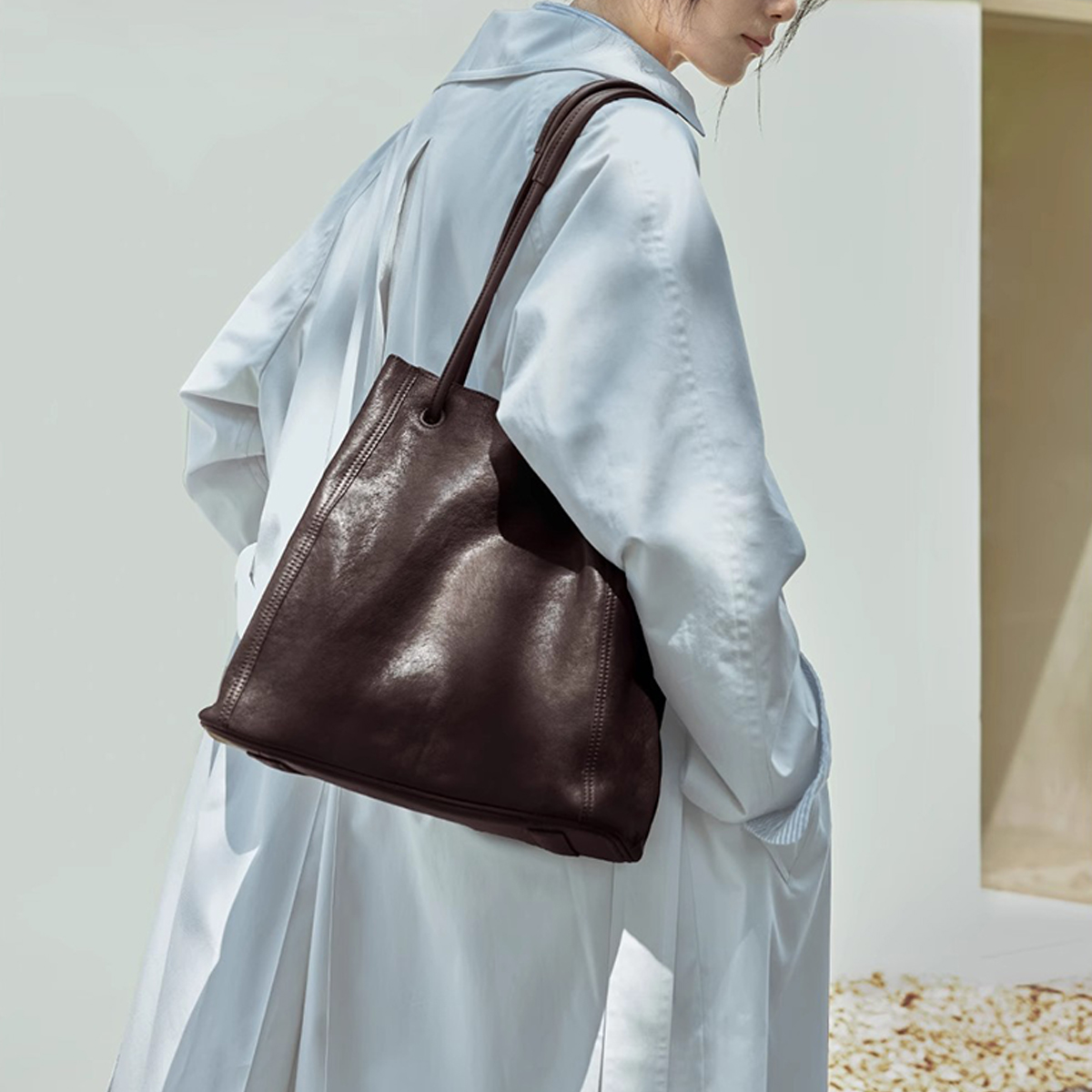 Leather Bucket Tote ??Vintage Style Handbag_CWAB5323