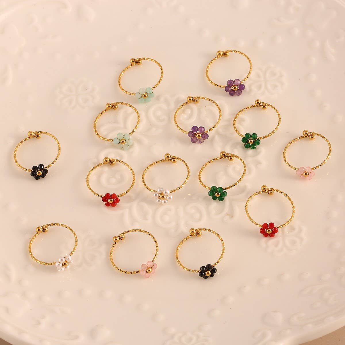 Adjustable Steel Ring with Gem Flower Design_CWMM8934