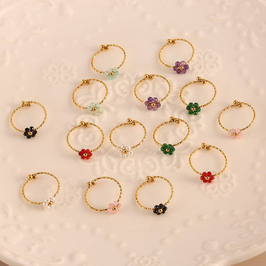 Adjustable Steel Ring with Gem Flower Design_CWMM8934