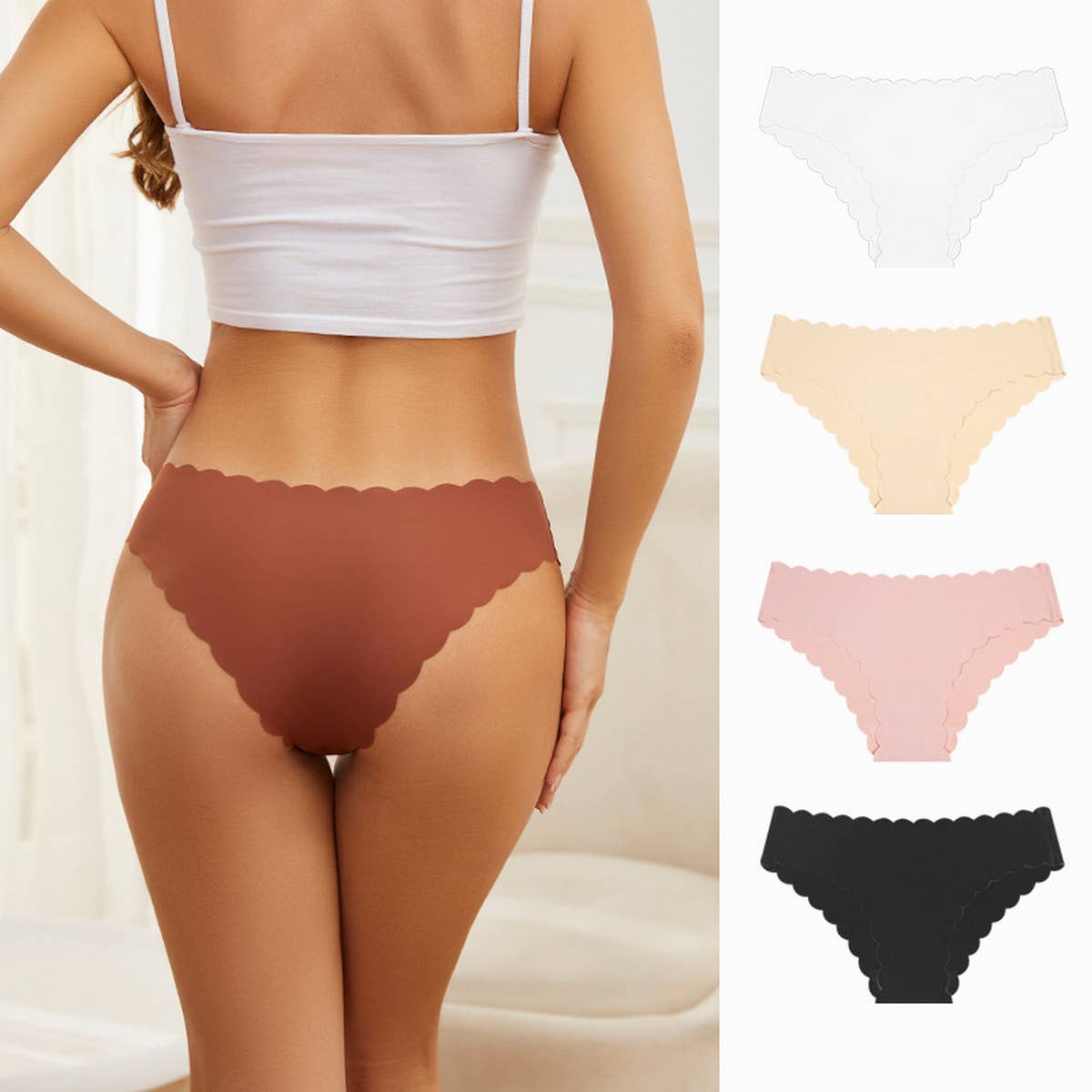 WOMEN MID-WAIST WAVY LACE ICE SILK PANTIES