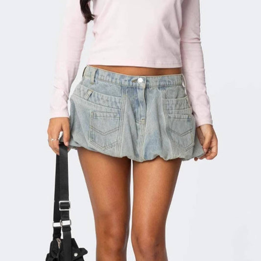 3D pocket vintage flared denim skirt