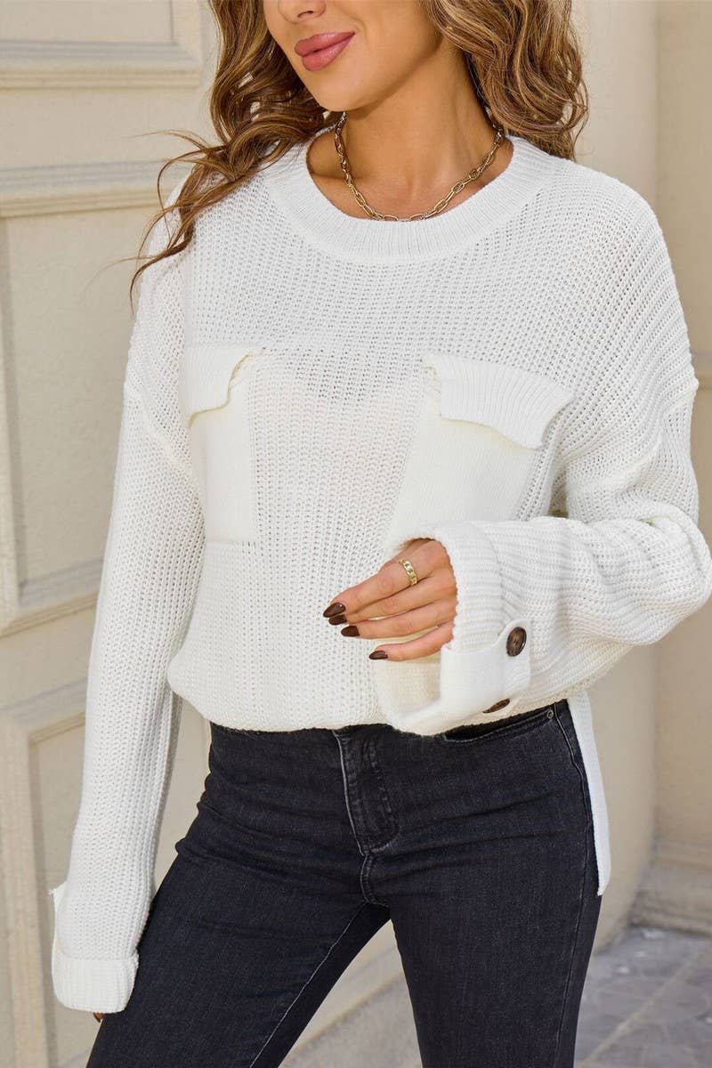 CWOSWL07605_SOLID COLOR LOOSE CREWNECK KNIT SWEATER