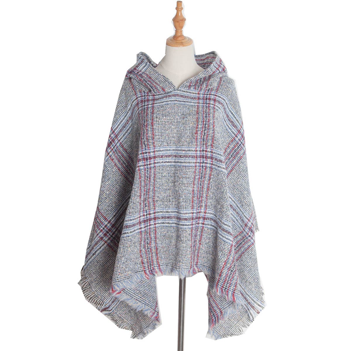 CIRCLE YARN FUR LARGE PLAID HOODED CAPE SHAWL