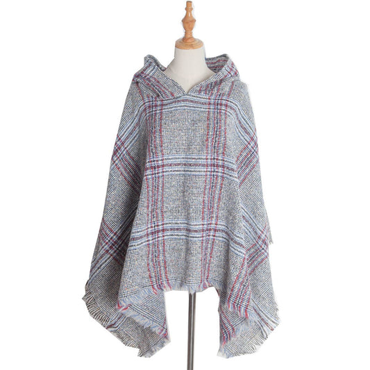 CIRCLE YARN FUR LARGE PLAID HOODED CAPE SHAWL