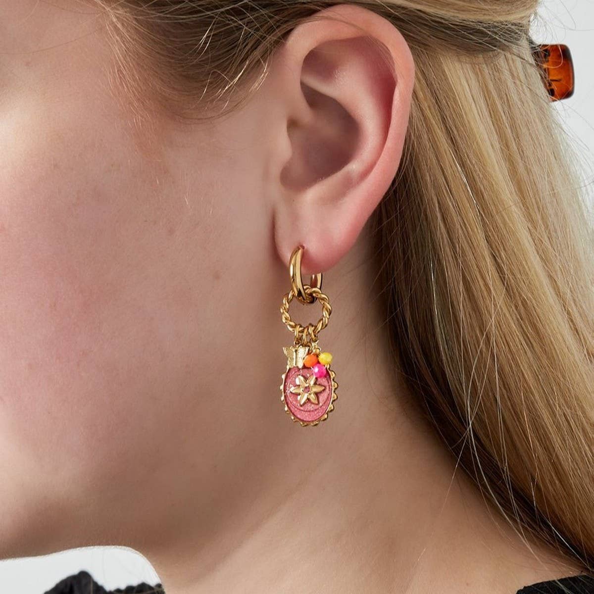 Fashion Pink Flower Round Stainless Steel Studs_CWAJE4989