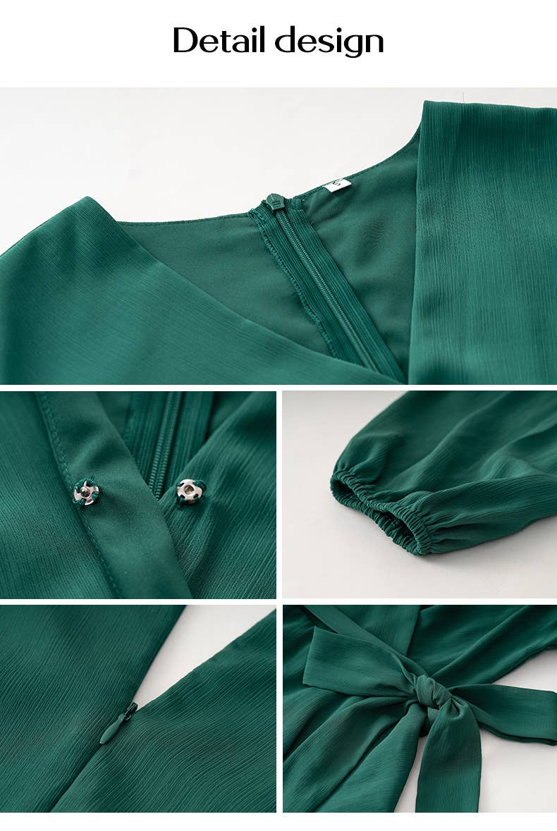 SOLID COLOR TEMPERAMENT LONG-SLEEVED DRESS