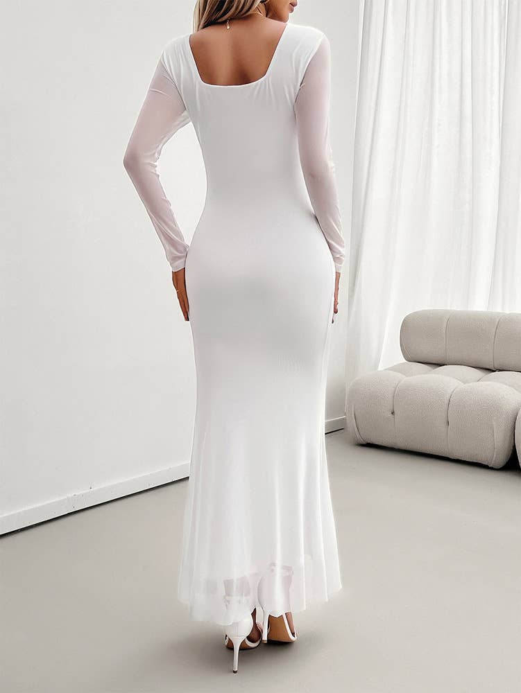 LONG SLEEVE TEMPERAMENT SLIM MESH V-NECK DRESS