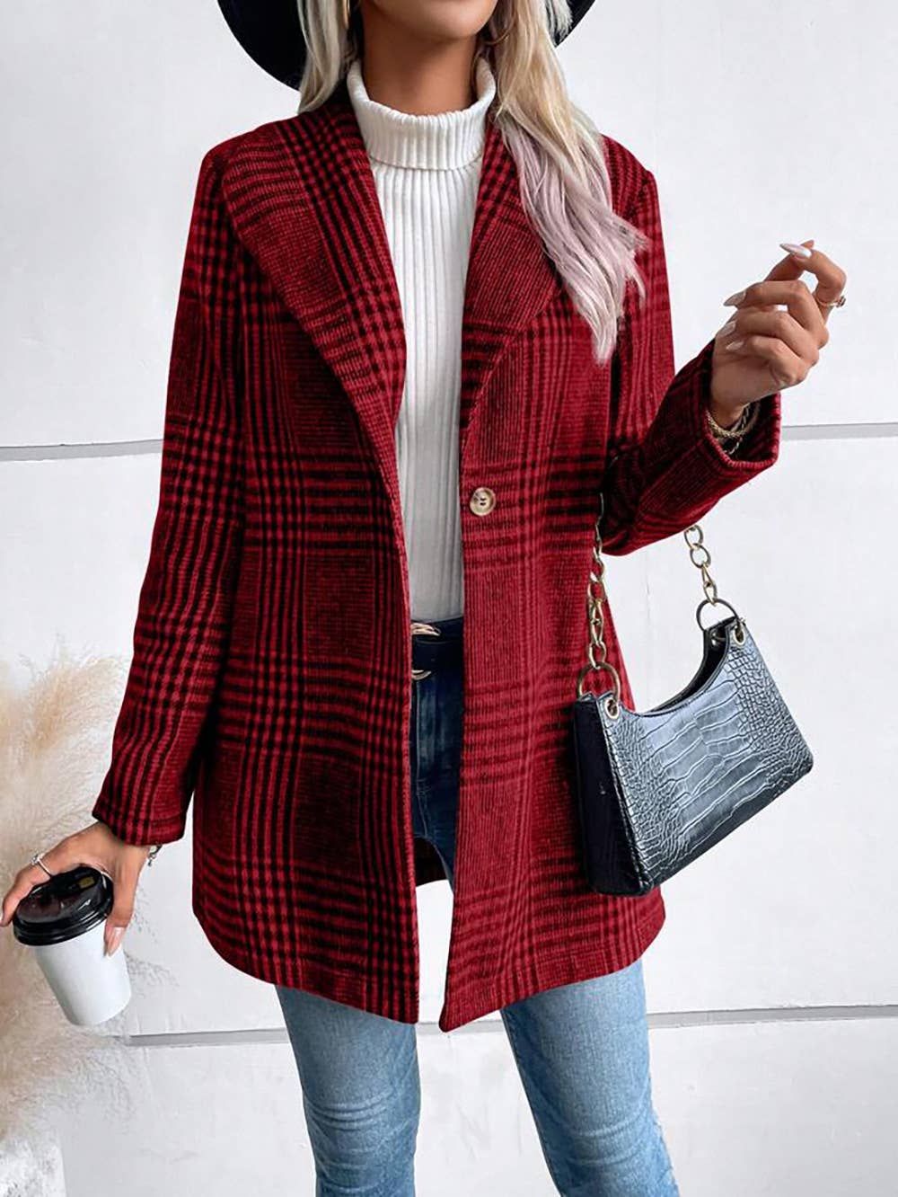 LAPEL WOOL PLAID COAT SLIM TEMPERAMENT COAT