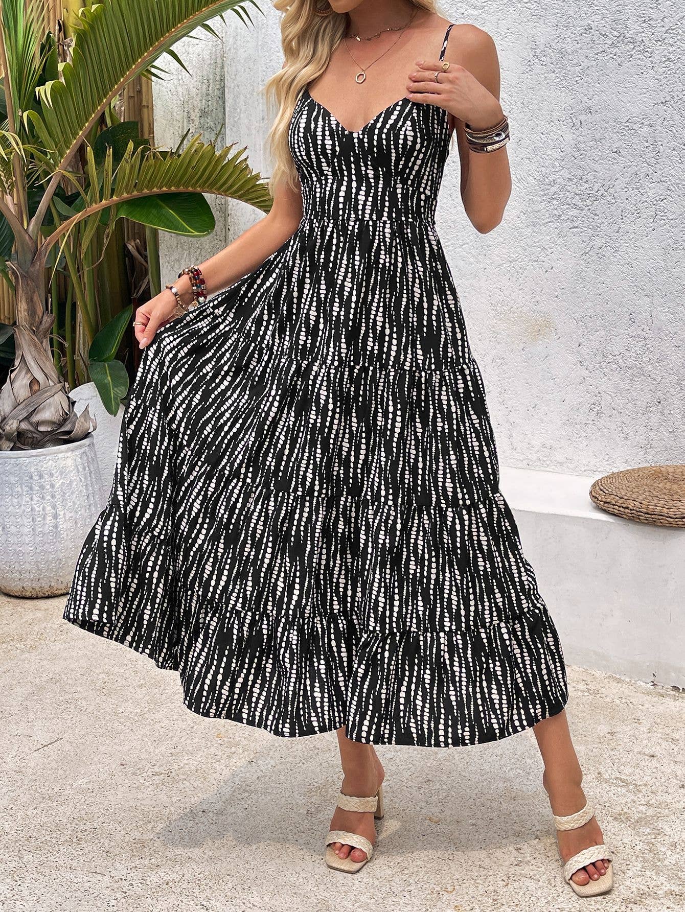 Irregular stripes hollowed-out back long dress