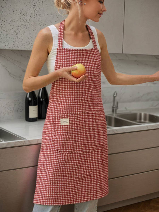 Cotton Striped Grid Kitchen Apron with Pocket