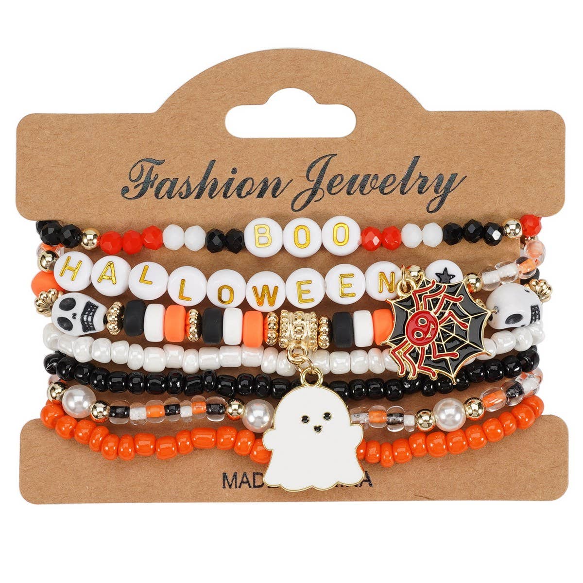 CWAJE05704_HALLOWEEN SKULL PUMPKIN GHOST BEADED BRACELET