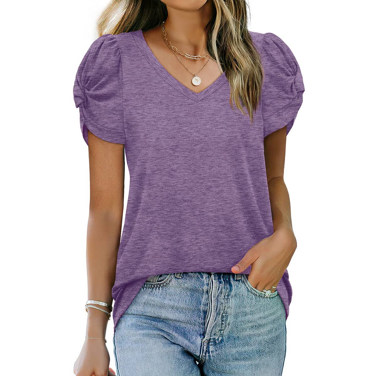 Solid color knotted V-neck short-sleeved blouse