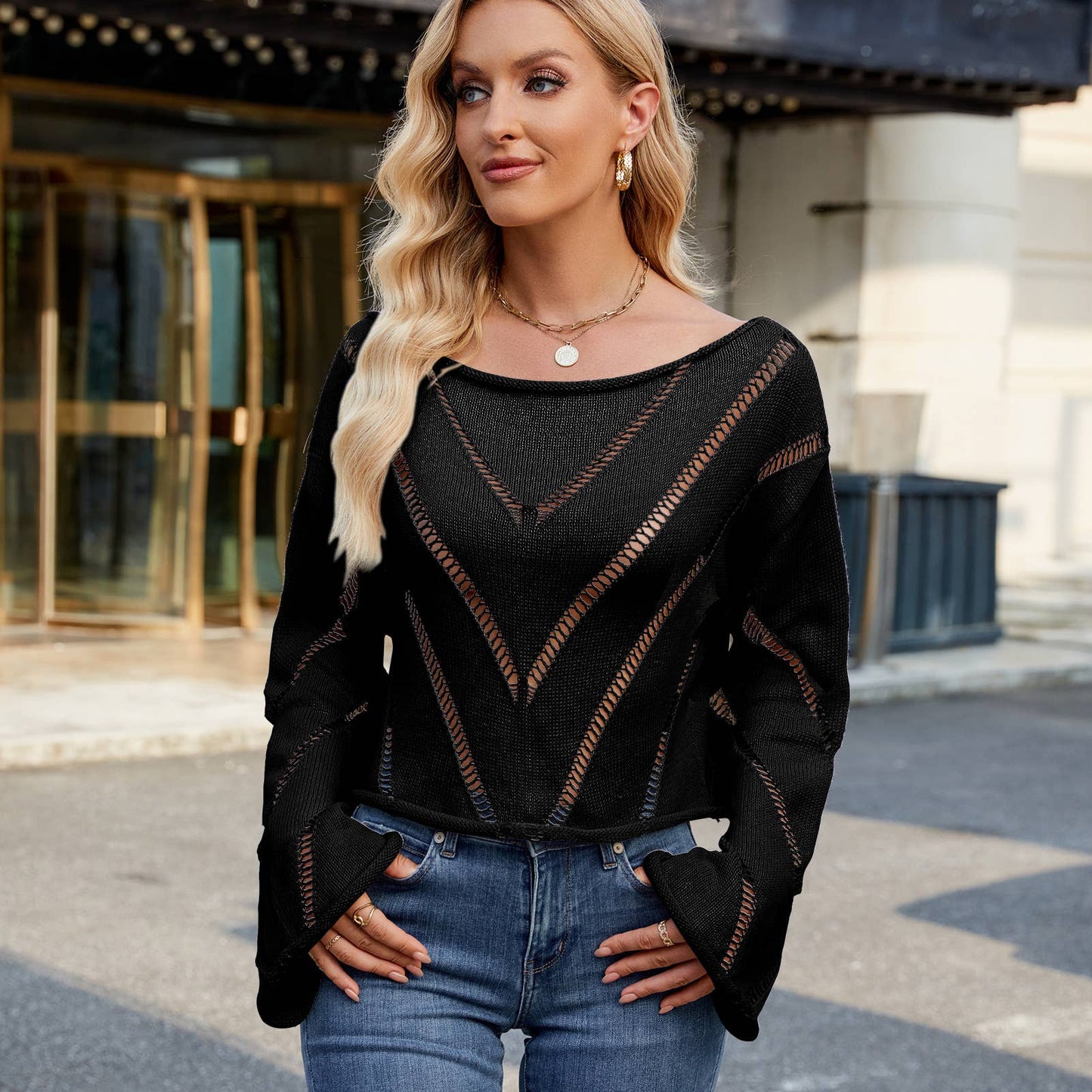 HOLLOW-OUT CREW-NECK LONG-SLEEVE PULLOVER SWEATER