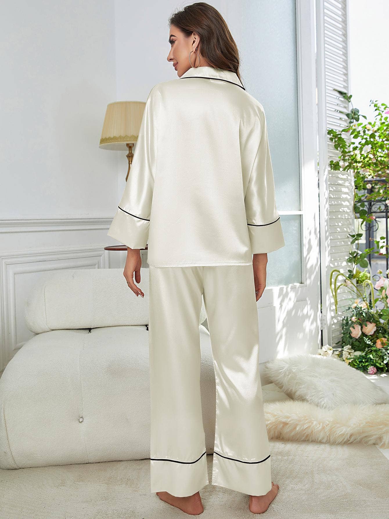Long-sleeved shirts pants silk-like suit