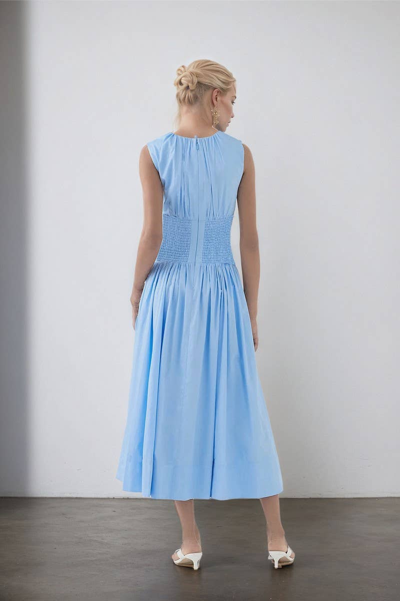 CWDMD6379_BLUE PLEATED POCKET WIDE-HEM MIDI DRESS