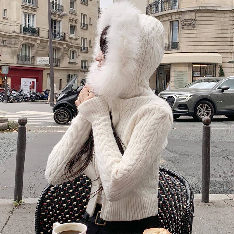 KNIT CARDIGAN WITH DOUBLE ZIP FUR PATCHWORK HOOD