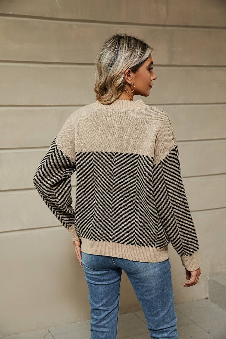 SLOUCHY STRIPED CASUAL LONG-SLEEVED KNIT SWEATER