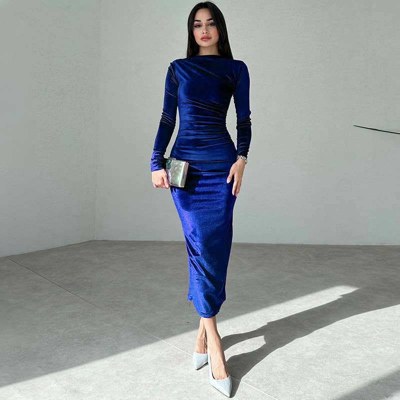 SOLID COLOR SLIM PLEATED LONG-SLEEVED DRESS
