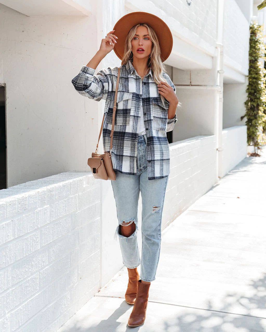 LONG SLEEVE PLAID SHIRT AND LONG WOOL COAT