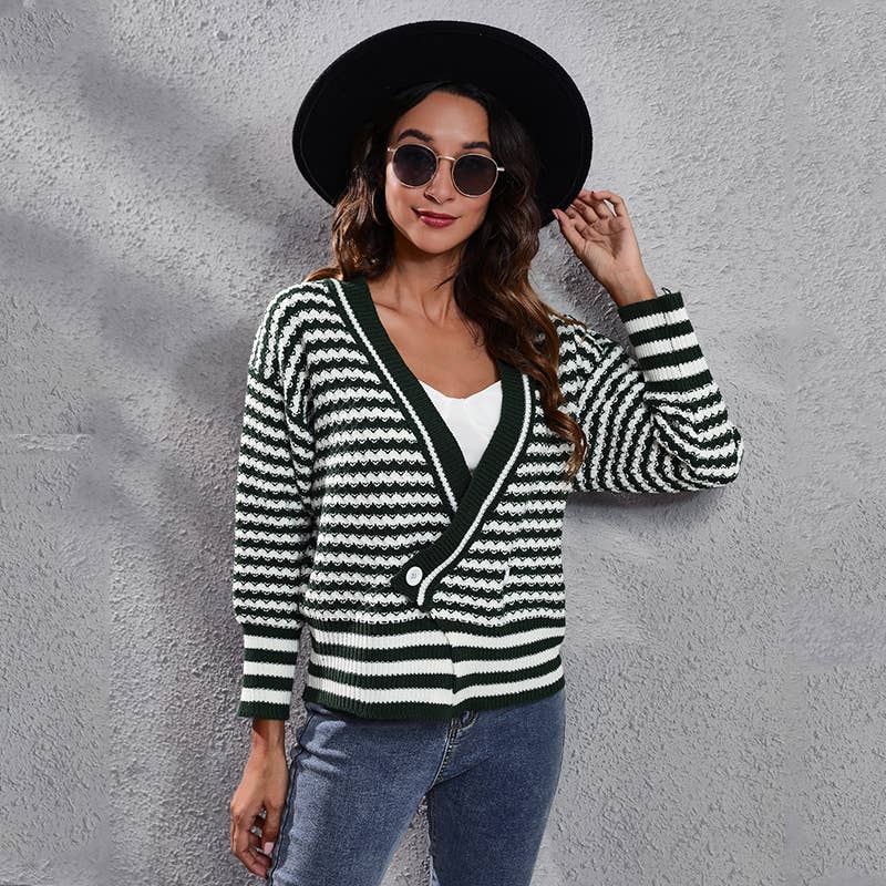 Striped V-neck long-sleeved cardigan sweater