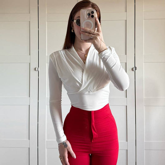 SOLID COLOR CROSS V-NECK PLEATED WAIST T-SHIRT