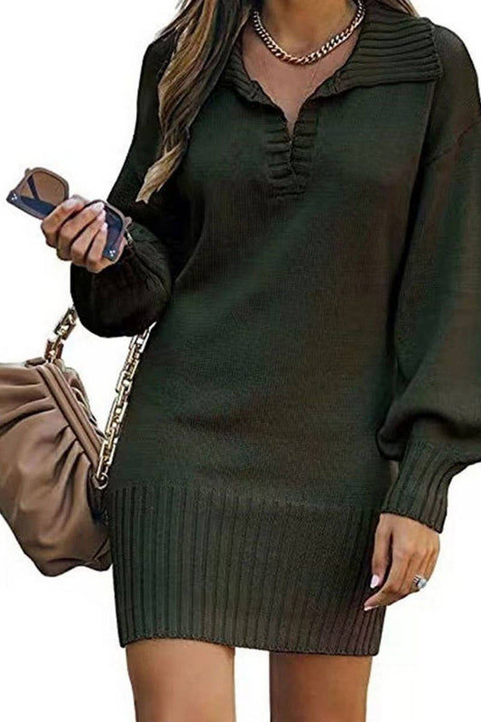 Lapel lantern sleeve loose knit dress