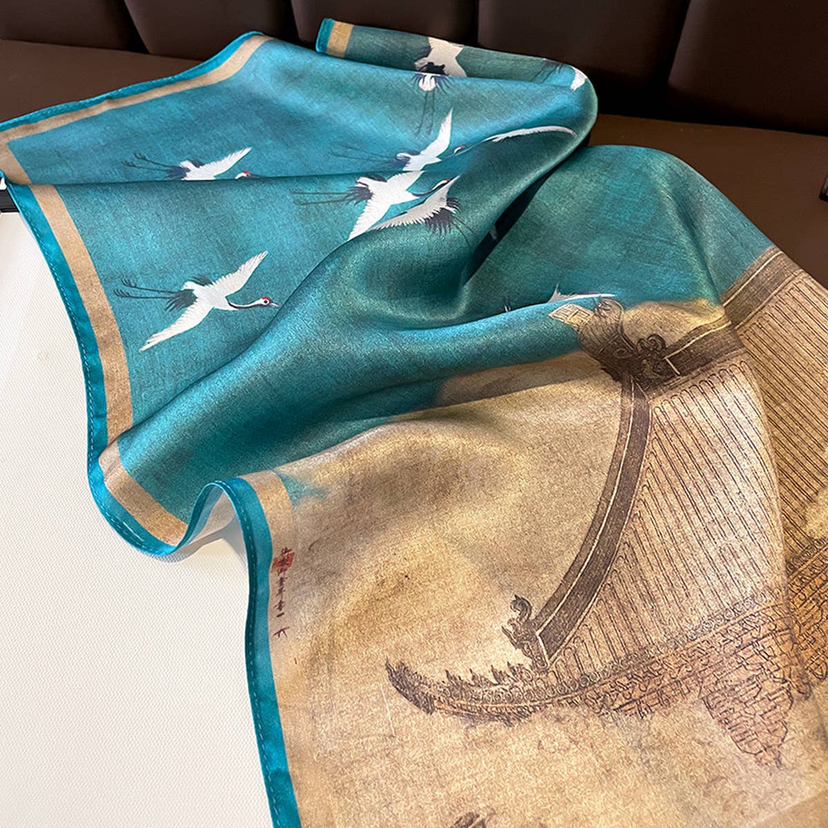 Crane Print 100% Silk Square Scarf 53cm for Women