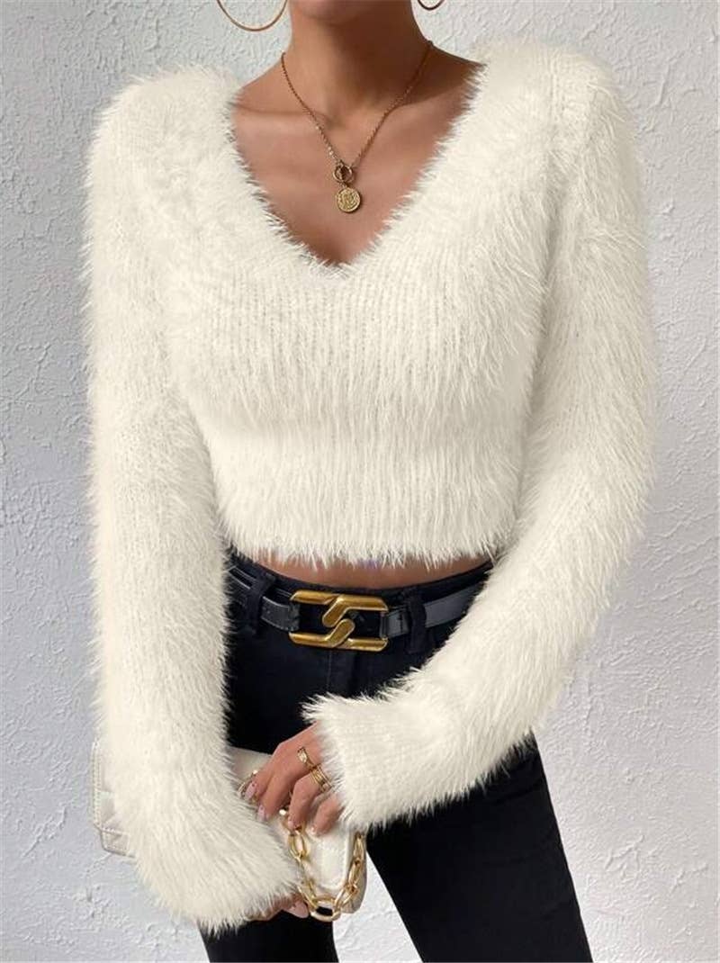 Solid-color V-neck fitted plush short sweater