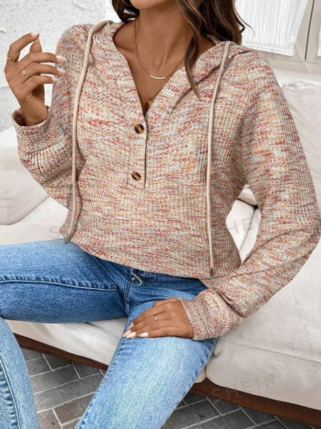 WAFFLE BUTTON-UP HOODIE LOOSE LONG-SLEEVED HOODIE