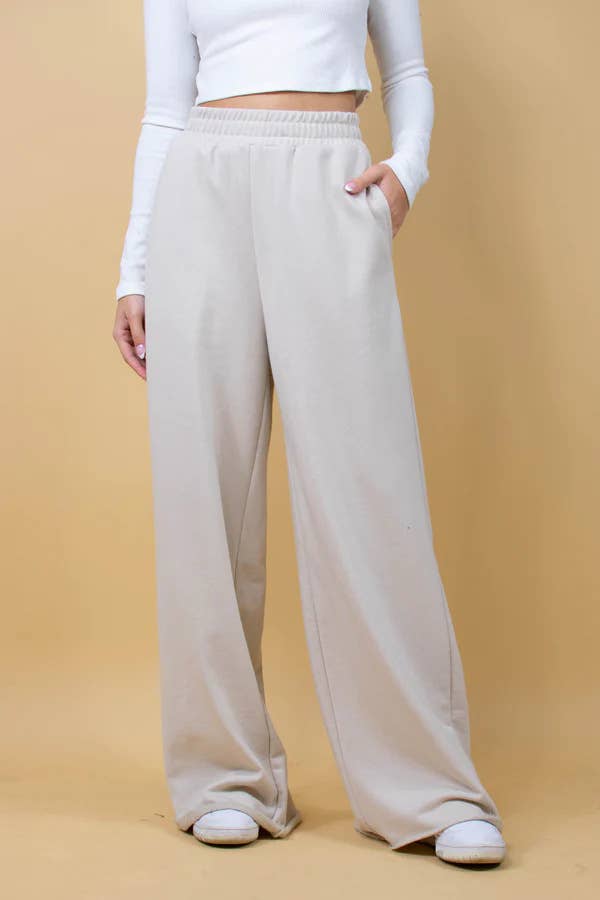 Simple stretched-waist straight-leg casual pants