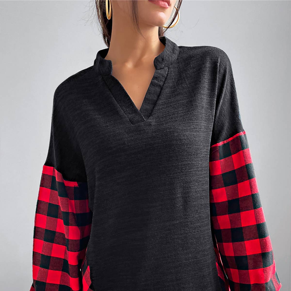 Classic casual patchwork plaid long-sleeved top_cwtbll1768