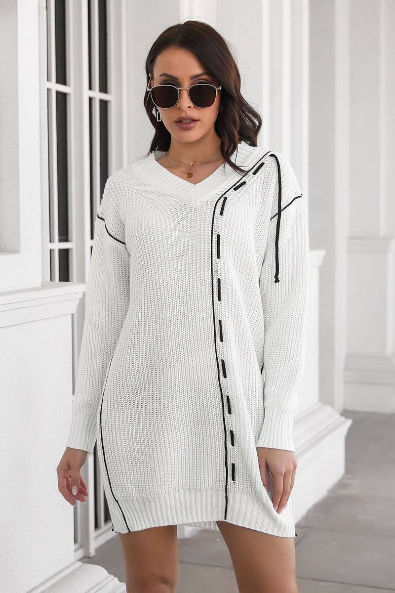CWDSD7333_LOOSE NEW V-NECK LONG-SLEEVED SWEATER DRESS