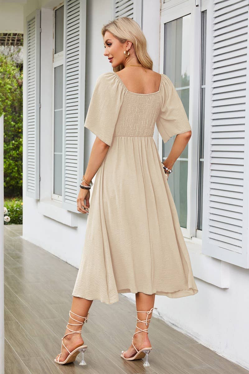 V-neck bow pleated mid-length short-sleeved dress