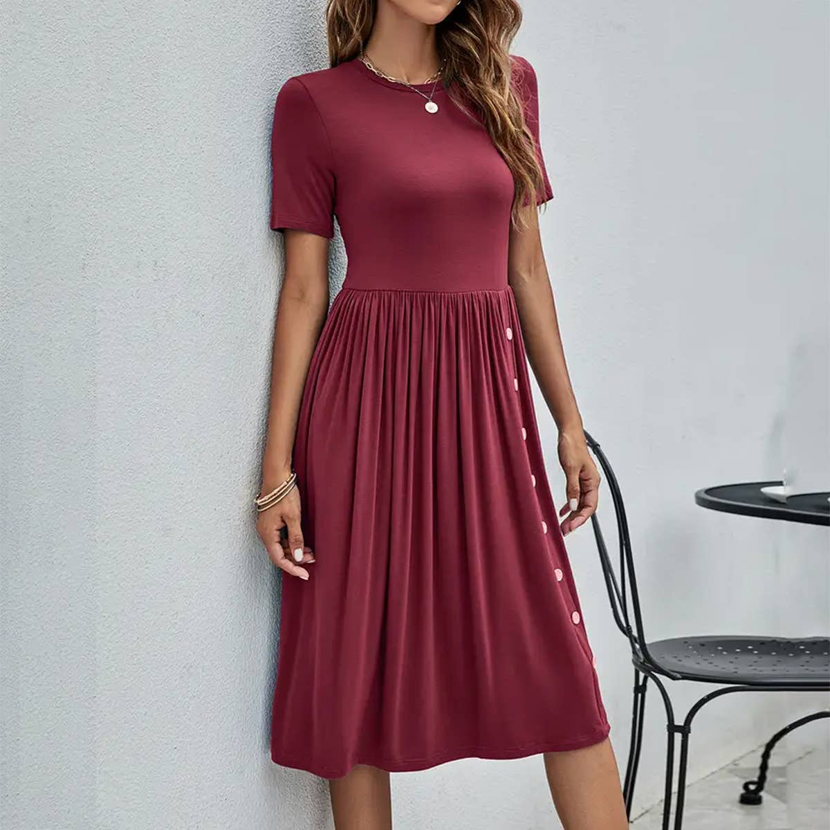 Solid color casual knit dress with button pocket