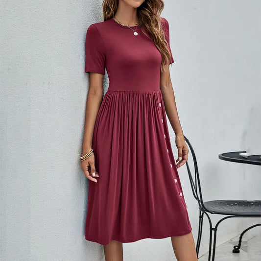 Solid color casual knit dress with button pocket