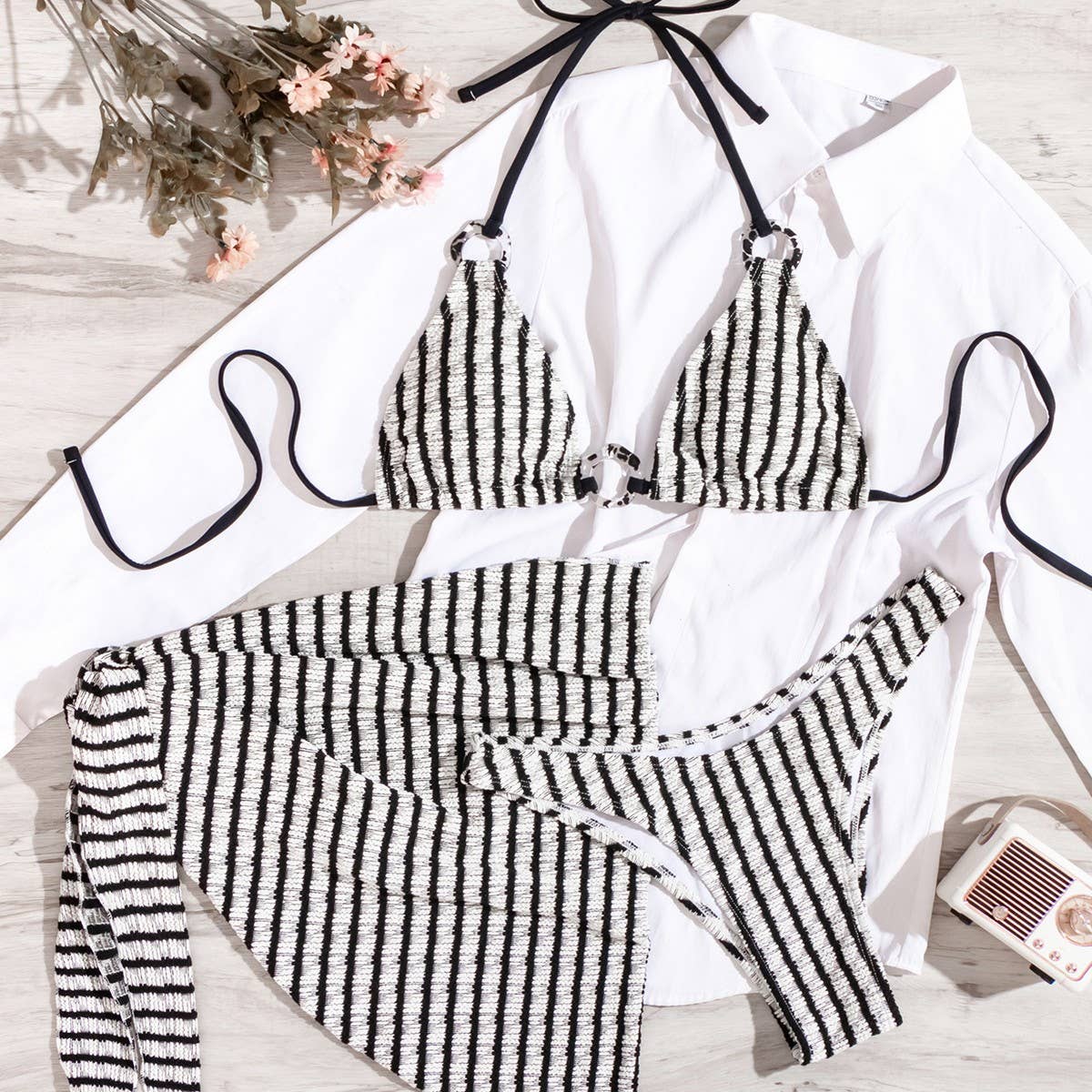 Black & White Striped Bikini Set - Sexy Swimsuit_CWMW0696
