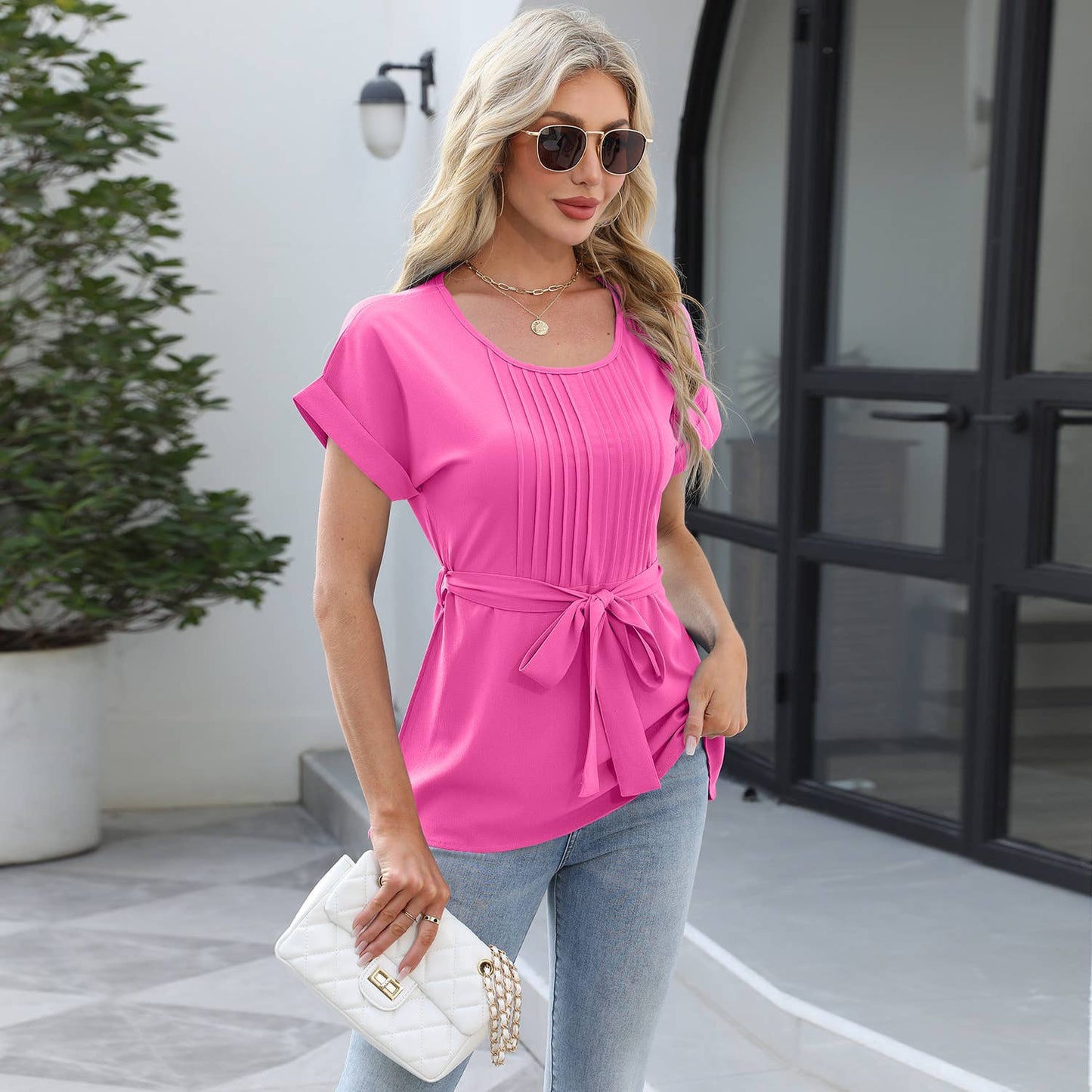 Ruffled round neck short sleeved casual shirt