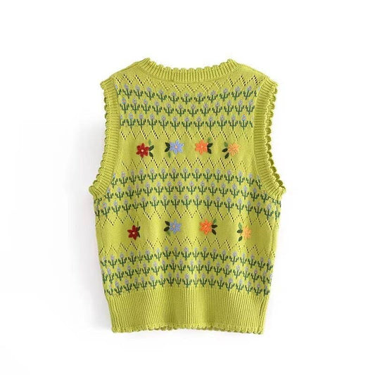 V-neck single breasted floral embellished vest